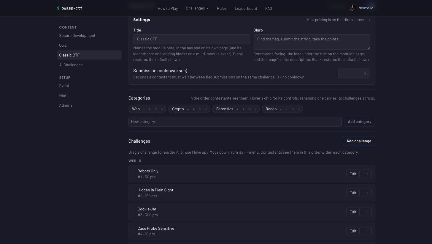 The Jeopardy module's admin tab: the module's title and blurb, the submission cooldown, the ordered categories as chips carrying move, rename and remove controls, and the challenge list grouped by category with drag-to-reorder, Edit, and a per-row menu for the rest