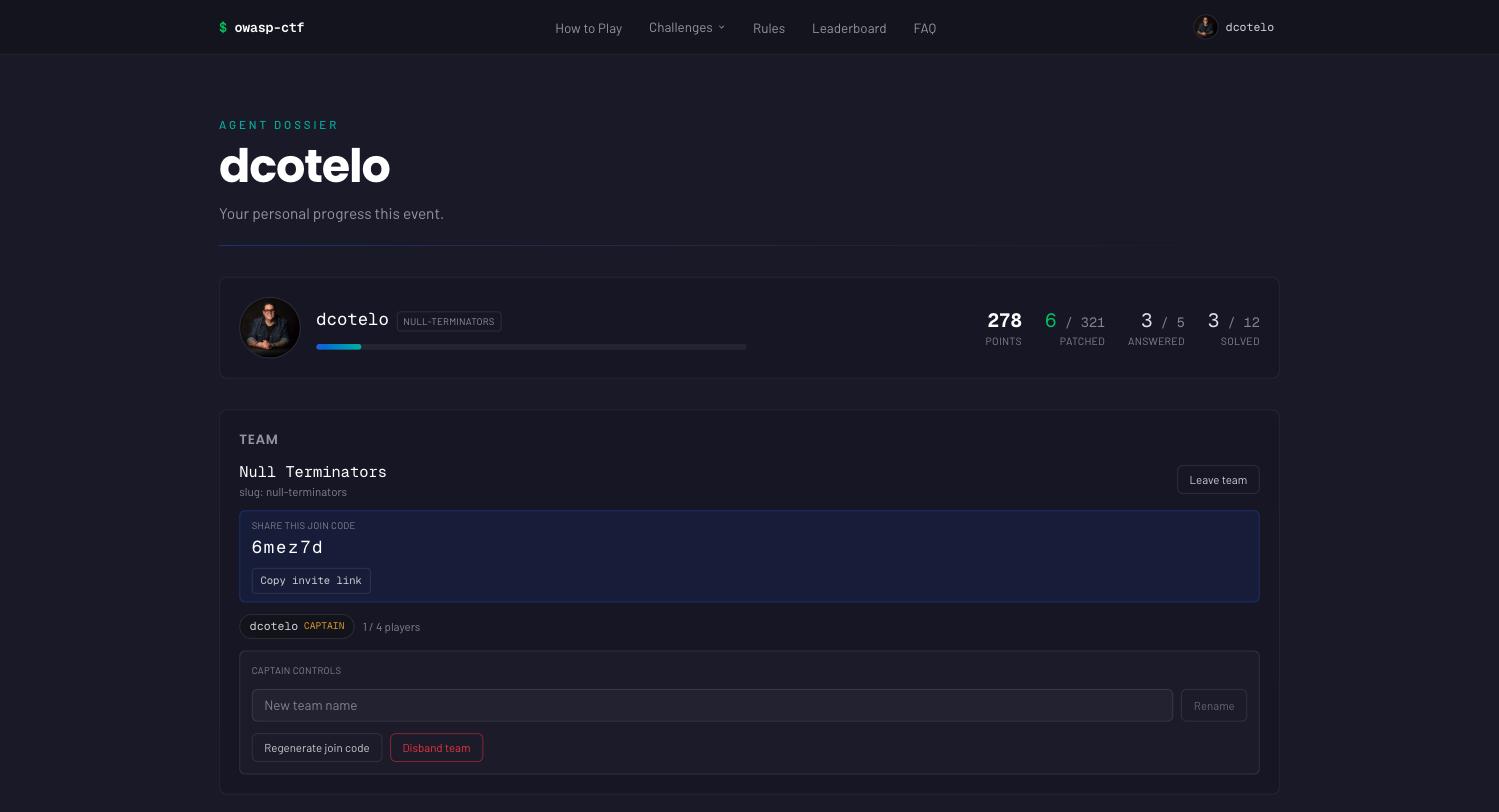 A contestant's profile: the header shows their points plus one done-out-of-available stat per enabled module, and the team card below carries the join code, invite link and captain controls