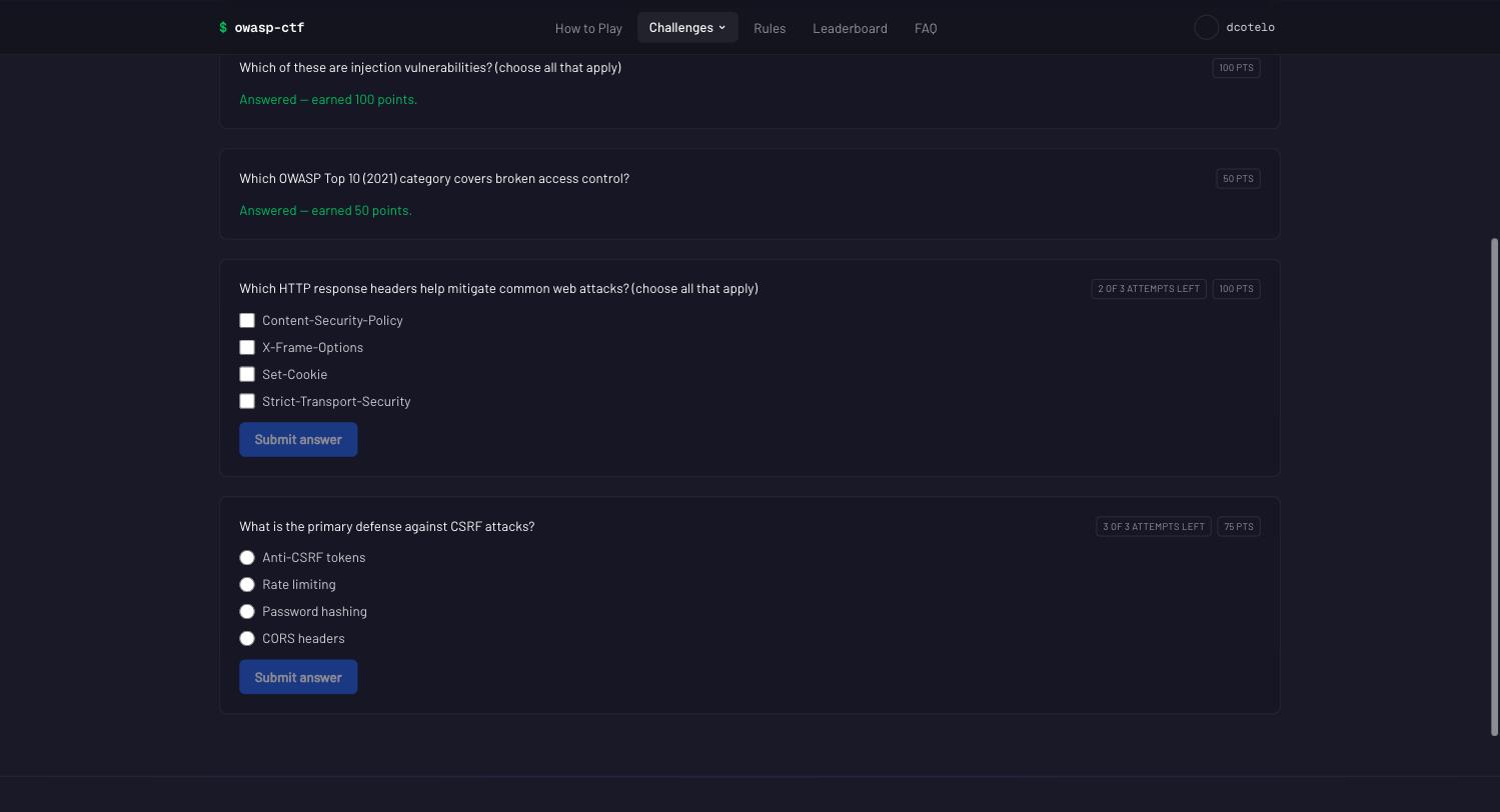 The quiz: single- and multi-select questions, each showing its point value and remaining attempts, graded the moment you submit